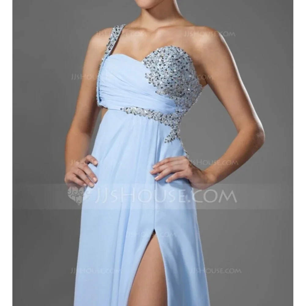 JJ's House prom gown one-shoulder chiffon beading sequin split-front cut-out wai - Picture 3 of 16